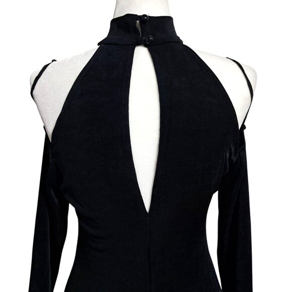 Black Bodycon Maxi Dress Womens L Brief Encounter Cold Shoulder High Neck Long S - Picture 10 of 13